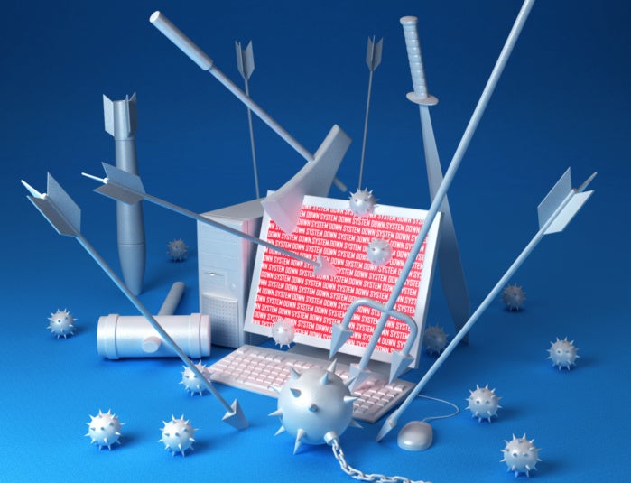 cyberattack laptop arrows war fight